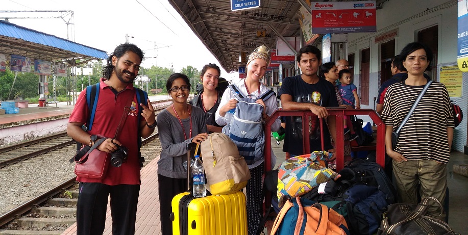Students participating in International exchange program gathered together at train station